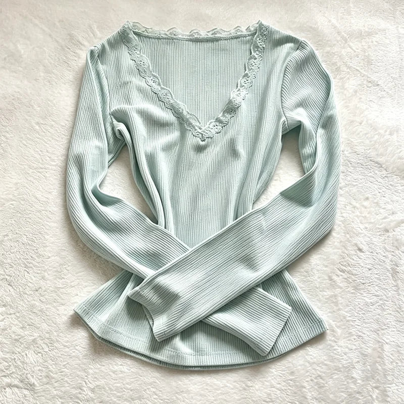 Cyflymder  Sweet Girl Lace Punk V-Neck High Street Slim Fit Long Sleeved T-Shirt For Spicy Girls Fashionable Pullover Harajuku High Street