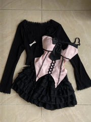 Cyflymder  Y2k Aesthetic 3 Piece Sets Knitted Cropped Cardigan + Irregular Bow Print Vest + Fairy Grunge Cake Skirts Vintage Outfits Suit