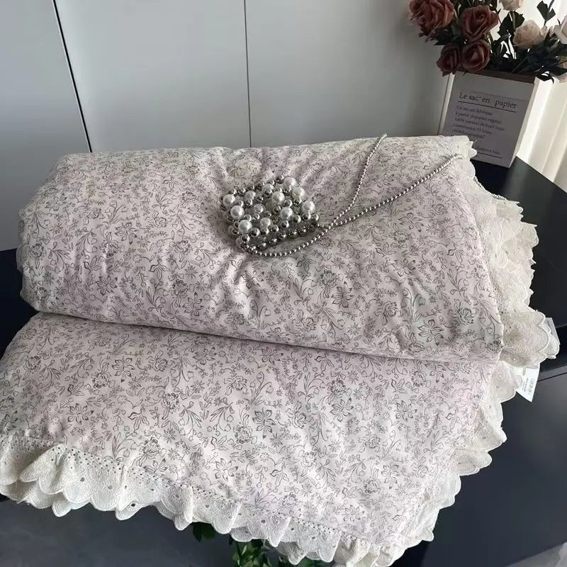 Cyflymder  Lace Pure Cotton Quilt 200x230cm Comforter Thin Summer Floral Printed Double Layer Gauze Quilted Blanket Queen Size Bedding