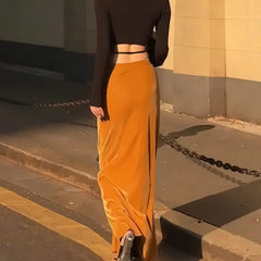 Cyflymder  Autumn Fashion Golden Velvet Skirt Women's High Waist Bag Hip Long Skirt Elegant Office A-line Party Skirts Mujer Faldas 652A