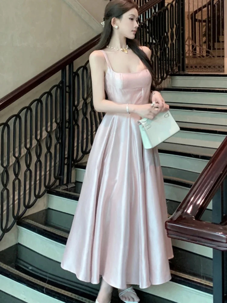 Cyflymder  Elegant Satin Midi Dresses for Women Sleeveless High Waist Evening Party Dress A-line Prom Robe Korean Fashion Summer Vestidos