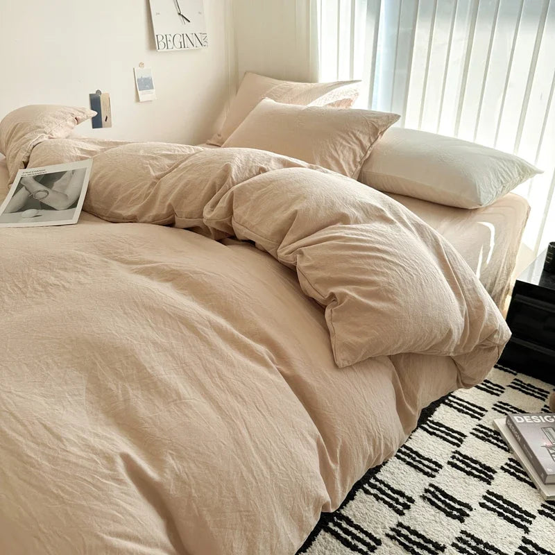 Cyflymder  Bed Linen Solid Cotton Bedding Set with Sheet Duvet Cover Pillowcases Single Couple Bedsheet King Queen Double Twin Size