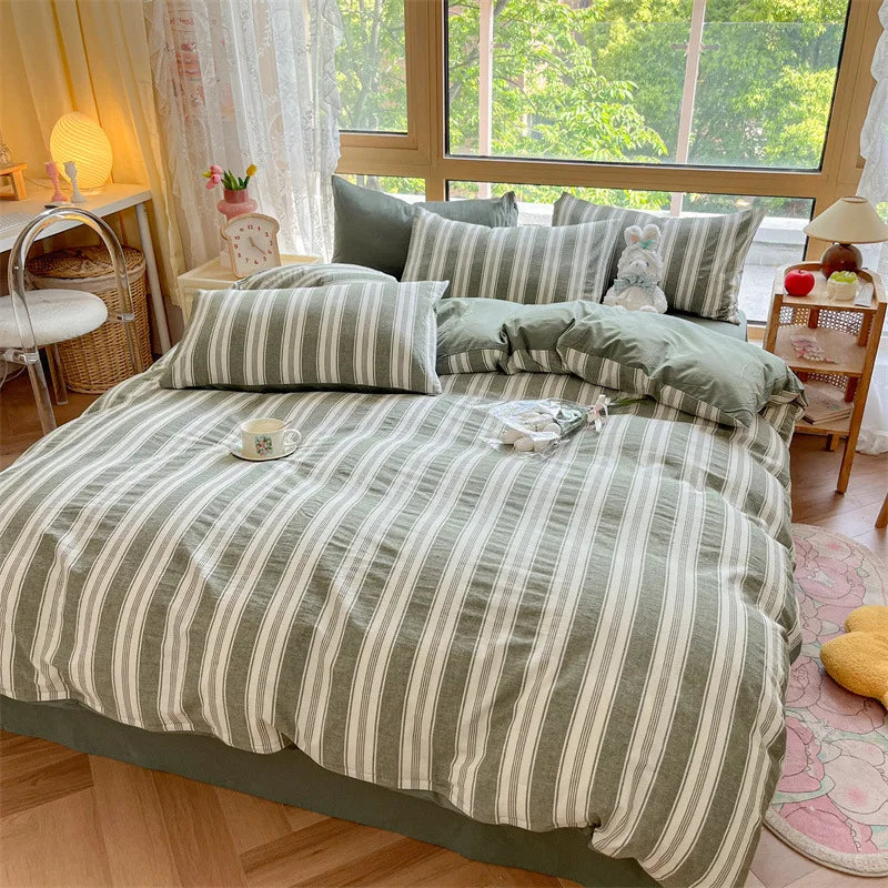Cyflymder  Class A 100% Cotton Striped Bedding Sets Yarn Dyed Washed Cotton Breathable Duvet Cover Kit Single Bedclothes for All Seasons