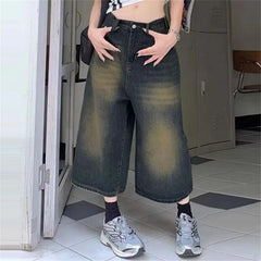 Cyflymder  Vintage Y2k Women Jeans Summer High Waist Distressed Capris Pants Boyfriend Harajuku Baggy Straight Wide Leg Pants With Pockets