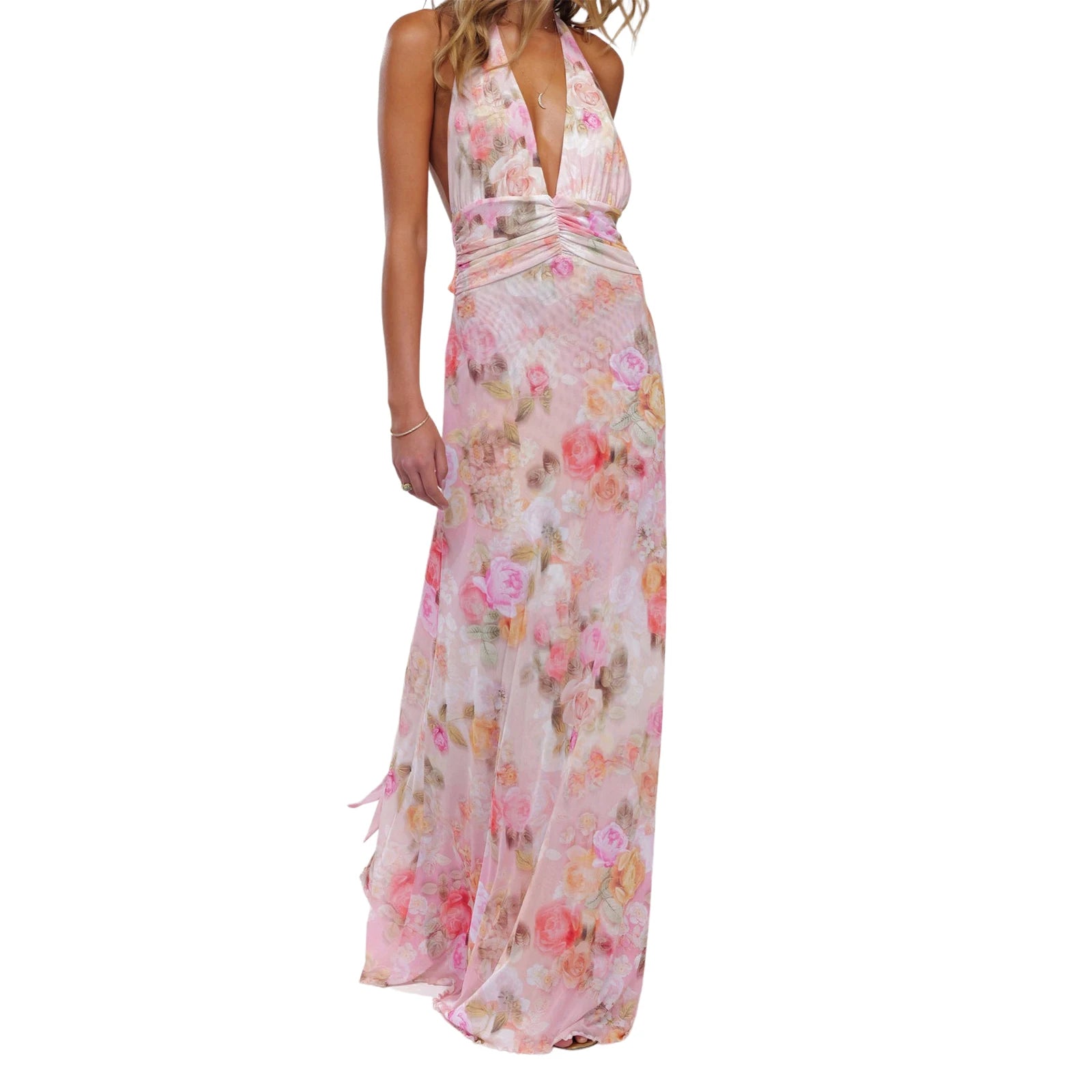 Cyflymder  Elegant Floral Print Maxi Dress Sleeveless Halter Neckline with Open Back Women s Summer Party Gown in Polka Dot Pattern