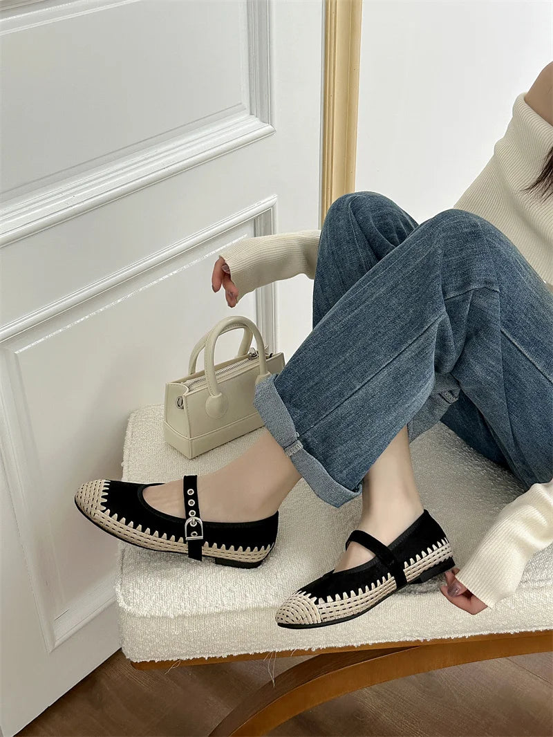 Cyflymder  New Woven Splicing Flats Women Faux Suede French Style Round Toe Buckle Mary Jane Shoes Comfort Shallow Designer Shoes Loafers