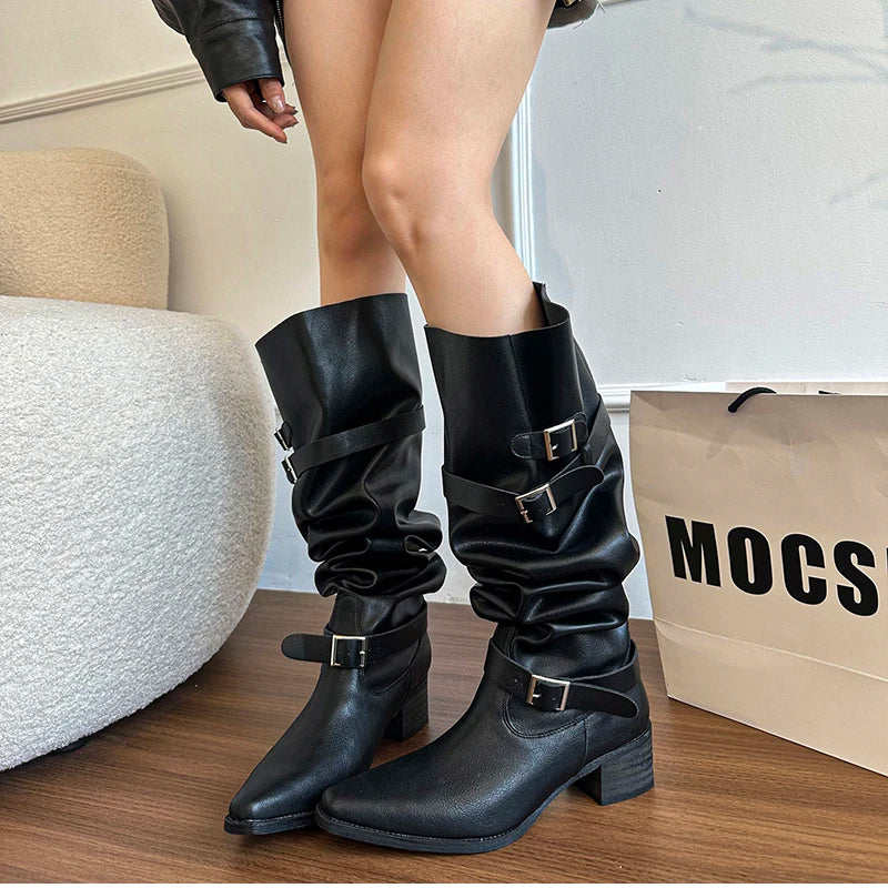 Cyflymder  Autumn Winter Pleated Women Knee High Boots Vintage Square Low Heels Shoes Female Belt Buckle Long Booties