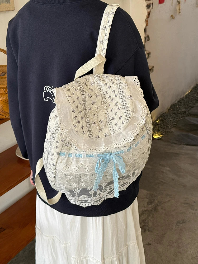 Cyflymder  Korean Lace Patchwork Sweet Bow Backpack Women Students Chic Flower Print Bow Schoolbags Y2k Aesthetic Girls All Match Backpacks