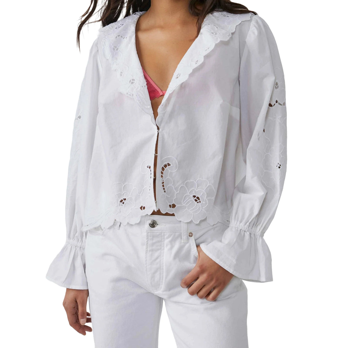 Cyflymder  Women s Embroidered Long Sleeve Blouse with Hollow Details and V Neckline - Casual Loose Fit Solid Lapel Top for Fall Fashion