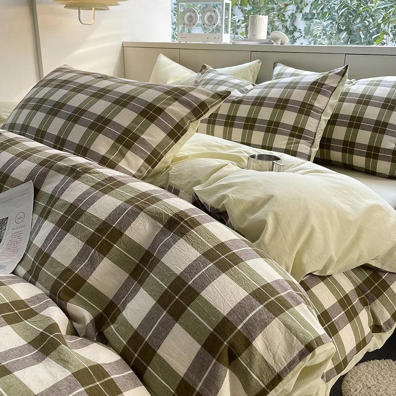 Cyflymder  Striped Gird Pure Cotton Bedding Set Skin-Friendly Non Fading Bed Linens for Home Dorm Single Double Quilt Sets for Four Seasons