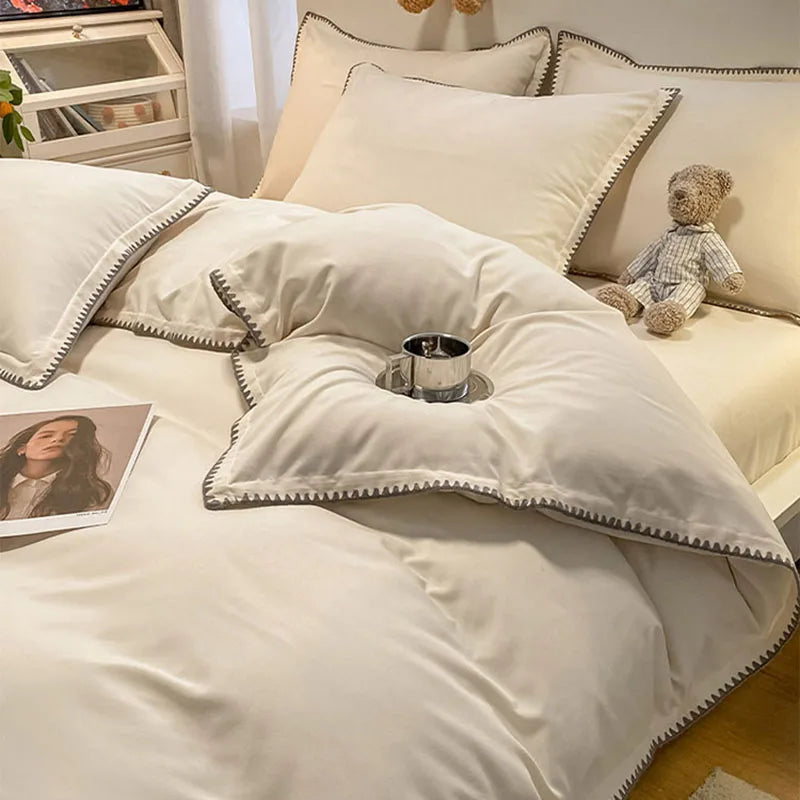 Cyflymder  Solid Color Bedding Set with Shell Edges Skin Friendly Simple Soft Duvet Cover Kit Cozy Fitted Sheet Set for Autumn Winter