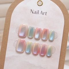 Cyflymder  10Pcs Candy Color Gradient Press Fake Nails Full Cover Cat Magnetic Design French Almond Fake Nails Wearable Manicure Nail Tips