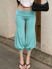 Cyflymder  Solid Color Irregular Cuff Lantern Cropped Pants Low Waist Slim Women Simple Bloomers Casual Streetwear Summer Trousers