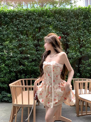 Cyflymder  Sweet Hot Girl Floral Bow Strapless Dress for Women's Summer Pure Sexy Slim Fit A-line Short Dress Fashion Female Clothes