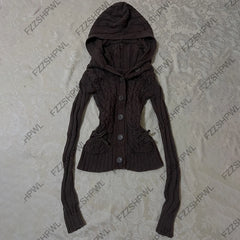 Cyflymder  Y2K Hooded Knit Cardigan Vintage vibe Harajuku Knitted sweater Fashion Punk Button Down Knitted Cardigan Gothic Long sleeve Top