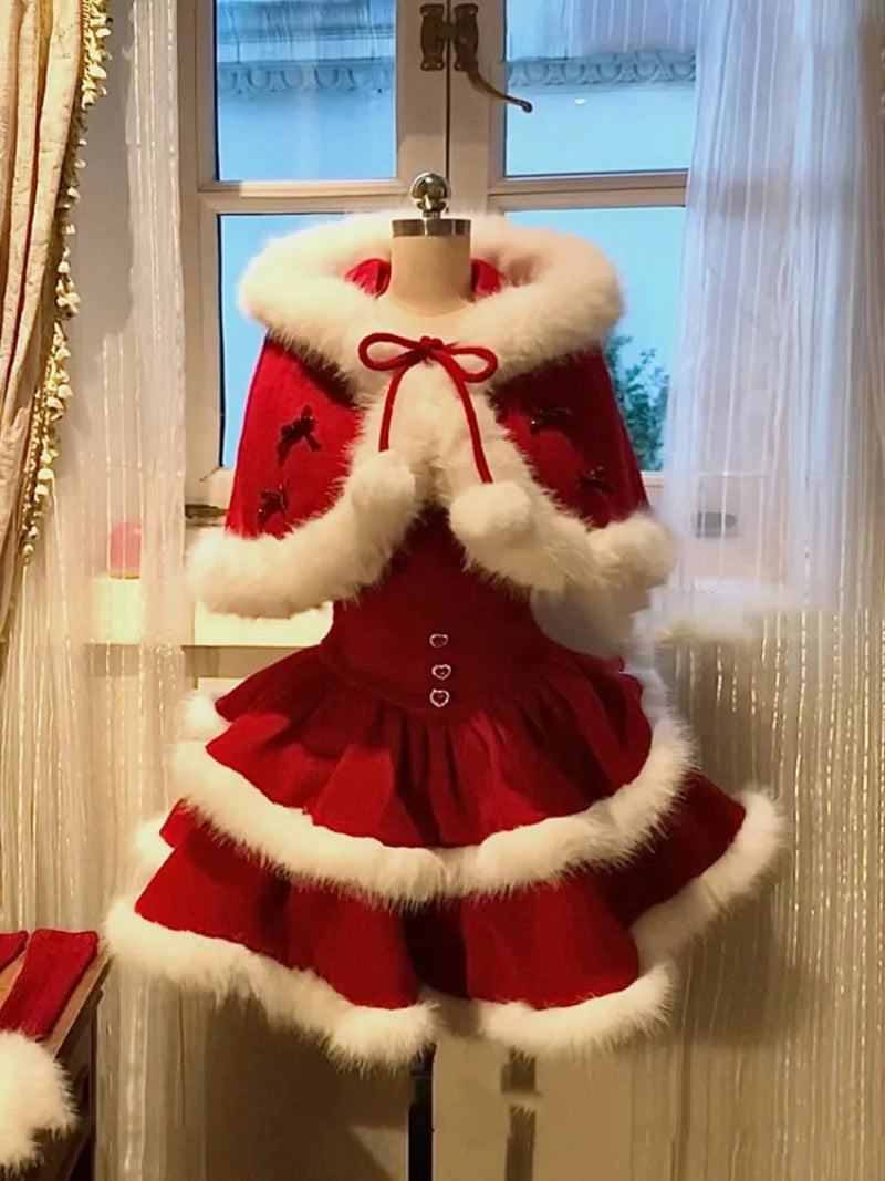 Cyflymder  Christmas Red suit Velvet Cake Puff Women's Dress Set Winter French Lady Princess Two Piece Outfit coat