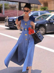 Cyflymder  Trendy Fashion Women's Metal Buckle Waist Hollow Out Denim Dress Spring Lapel Sleeveless Split Dresses Female