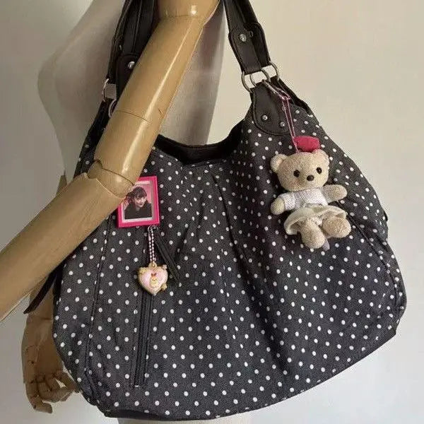 Cyflymder   Harajuku Retro Polka Dot Tote Bag Women Black Wrinkle Large Capacity Shoulder Bag Ladies Sweet Cute Commute Underarm Bag