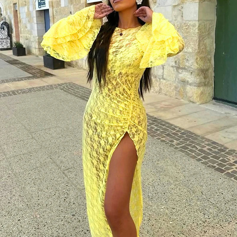 Cyflymder  Lady Sexy V-neck Long Sleeve Slim Party Dress Fashion Solid Yellow Long Dress Elegant See Through High Split Bodycon Beach Dress