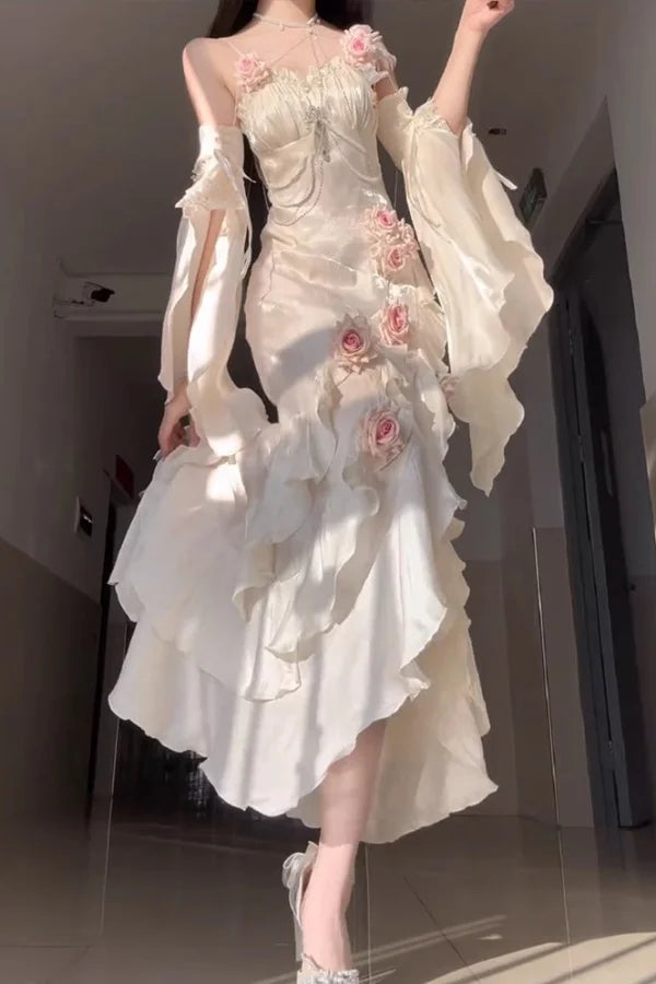 Cyflymder  High end 3D Rose Strap Camisole Dress Lolita Dress Elegant Goddess Style Sweet Slimming Fishtail Long Dresses for Women