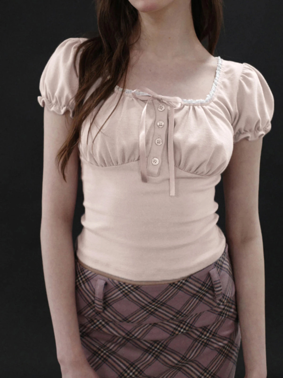 Cyflymder  Sweet Solid Cropped T Shirt Casual Slim Folds Square Collar Puff Sleeve Tees Women Summer Fashion Streetwear Laides