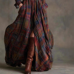 Cyflymder  European American Women's Shirt Maxi Dress Autumn Casual Long Sleeve Button Pocket Plaid Print Lapel Retro Long Dress Vestidos