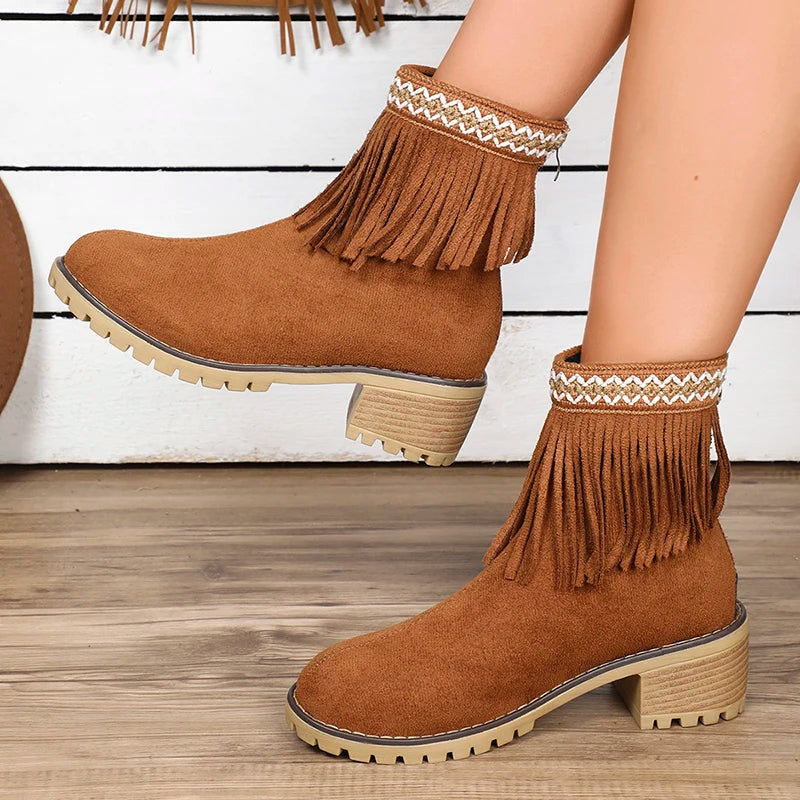 Cyflymder Womens Fashion Embroidered Ankle Boots Comfort Thick Wedge Heel Zipper Tassel Faux Suede Short Boots Cowboy Cowgirl Shoes 2024