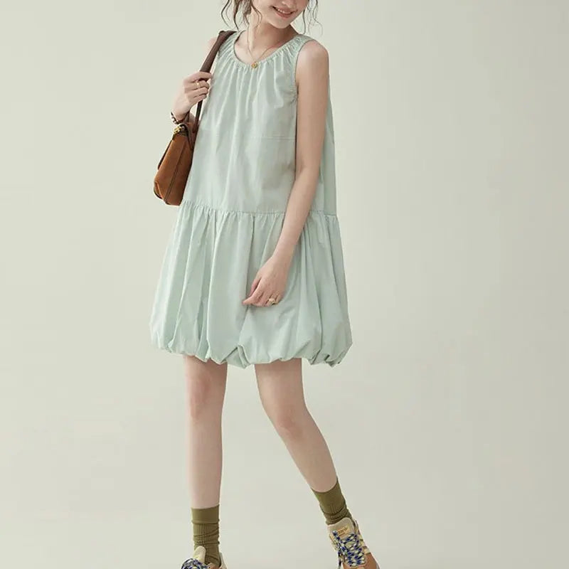 Cyflymder   Mint Sleeveless Bud Dresses Women's Clothing Solid Color Summer Casual Basic Round Neck Fashionable Folds Patchwork Midi Dress