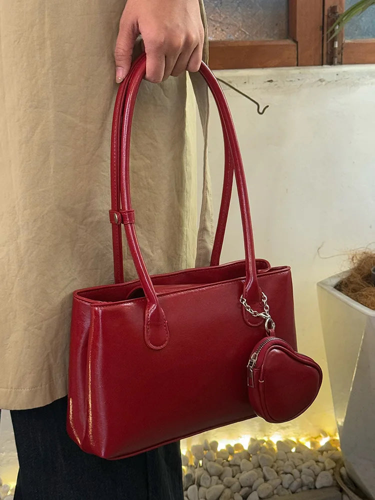 Cyflymder  Korean Long Handle Shoulder Bag, Large Capacity Women's Commuting Tote Bag, Fashionable and Elegant Wine Red Bridal Bag