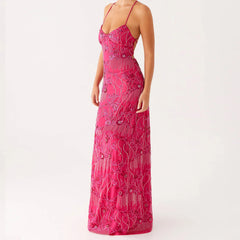 Cyflymder  Women Long Dress Sequins Flower Embroidery Sleeveless Cami Dress Summer Cross Backless Spaghetti Strap Dress Party Clubwear