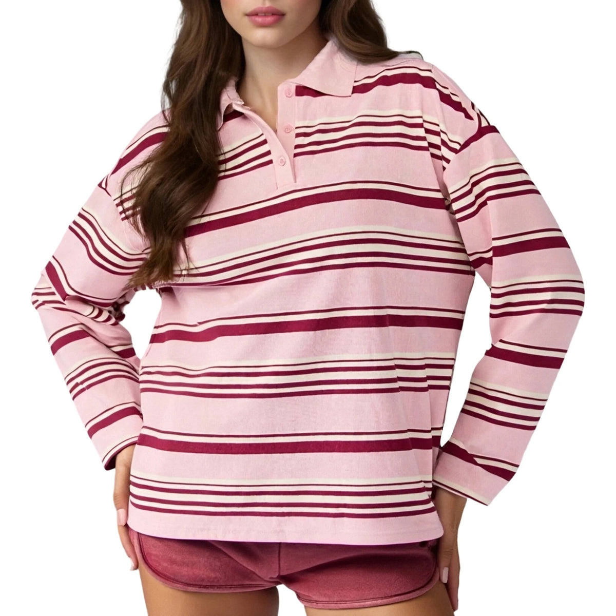Cyflymder  Women s Long Sleeve Striped T-shirt with Turn-down Collar Loose Fit Casual Top for Fall Streetwear Fashion