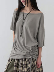 Cyflymder  Solid Grey Loose Drawstring T-shirt Asymmetrical Off-shoulder Short Sleeve T Shirts Women Casual Summer Tees y2k Vintage