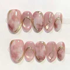 Cyflymder  10Pcs Cat's Eye Pink Smudge Fake Nail Short Round Handmade Press on Nails Irregular Gilding Reusable Full Cover False Nails Tips