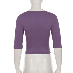 Cyflymder  Women Square Neck Elbow Sleeve Ribbed Top Lace Patchwork Button Front Slim Y2K Aesthetics Coquette Cropped T-shirts Purple Fall