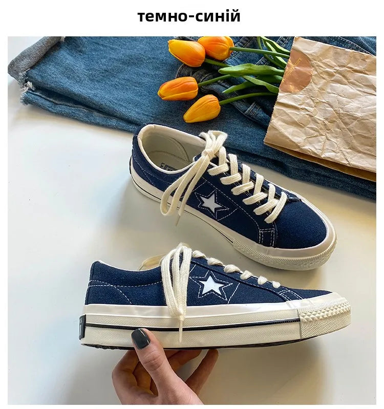 Cyflymder  Retro Star Canvas oes Women's Versatile Little Dir oes INS Skateboard oes Hong Kong Sle Ulzzang Trendy Student Whit...