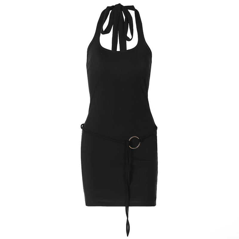 Cyflymder  Sexy Chic Metal Ring Patchwork Tight Halter Lace-up Backless Sleeveless Solid Color Wrap Hip Mini Dresses Casual Streetwear