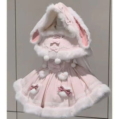 Cyflymder  Japanese Sweet Lolita Style 2 Piece Set Women Kawai Bow Bunny Hooded Cloak Coat Pink Plush Party Mini Dress Korean Y2k Cute Suit