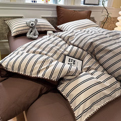 Cyflymder   Nordic Stripe Two-Tone Bedding Set High Quality Skin-Friendly Bedclothes with Shell Edge Comfort Colorfast Bed Sets for Single