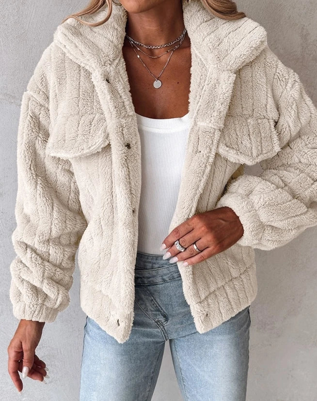 Cyflymder Women's Coat Winter Solid Color Warm Casaul Coat Turn-Down Collar Buttoned Long Sleeved Teddy Jacket Thick Fur Coat