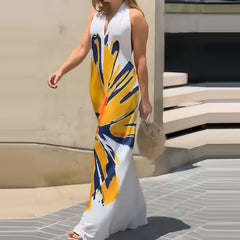 Cyflymder  Fashion Sleeveless Holiday Women Dress 2025 Floral Print Sleeveless Loose Long Dress Lady Sexy Halter V Neck Pocket Beach Dress