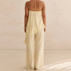 Cyflymder  Women 2 Piece Pants Lace Trim Asymmetrical Strapless Tank Top Pants Elegant Lady Going Out Matching Lounge Set