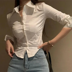 Cyflymder Korean White Office Women Chiffon Shirt Pocket Button Lapel Ladies Blouse Spring Commuter Long Sleeve New Female Crop Tops