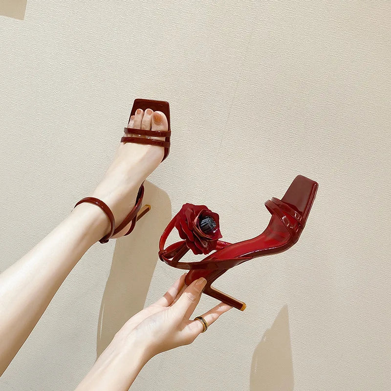 Cyflymder  Summer Fashion Wine Red Patent Leather Flowers Ankle Strap Sandals Women Square Toe Gladiator High Heels Party Dress Shoes