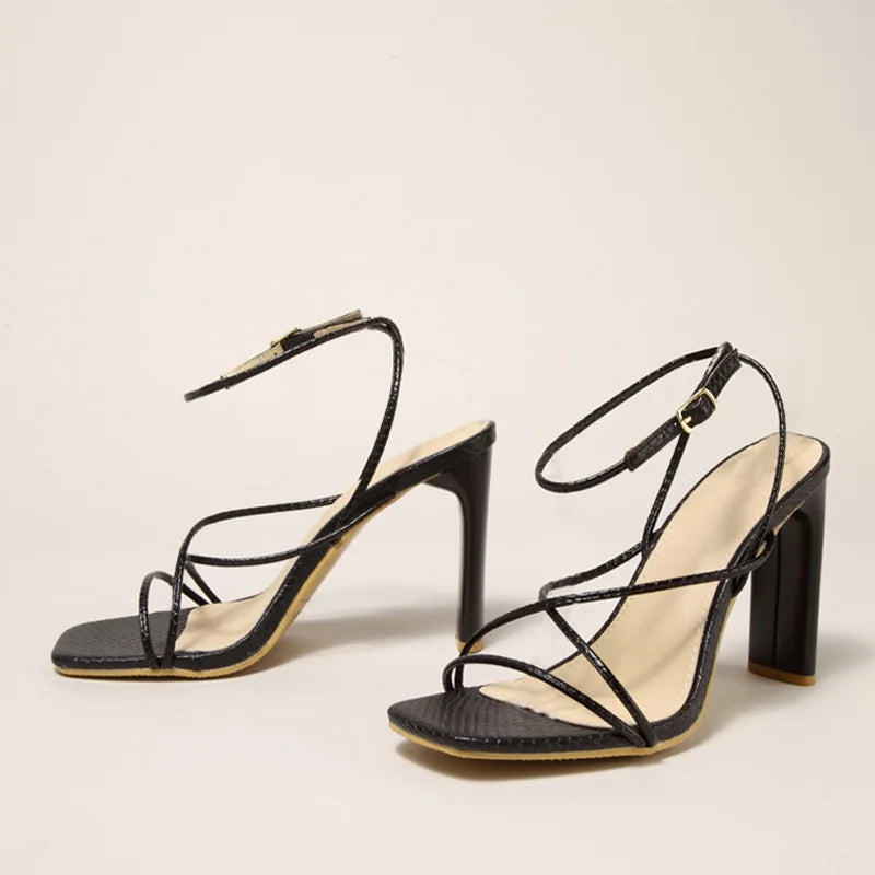 Cyflymder  White Sandals For Women Cozy Leather Narrow Band Square Toe Buckle Strap Ladies Shoes High Heels Gladiator Sandalias Mujer