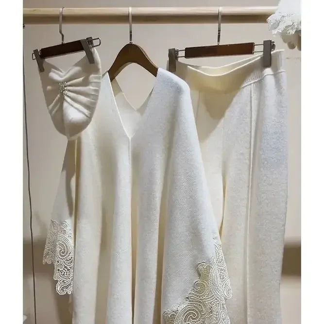 Cyflymder WINTER OUTFITS Autumn and Winter New High-end Light Luxury Temperament Loose Knitted Cape Sweater Pants Set White Two Piece Set Women Outfit