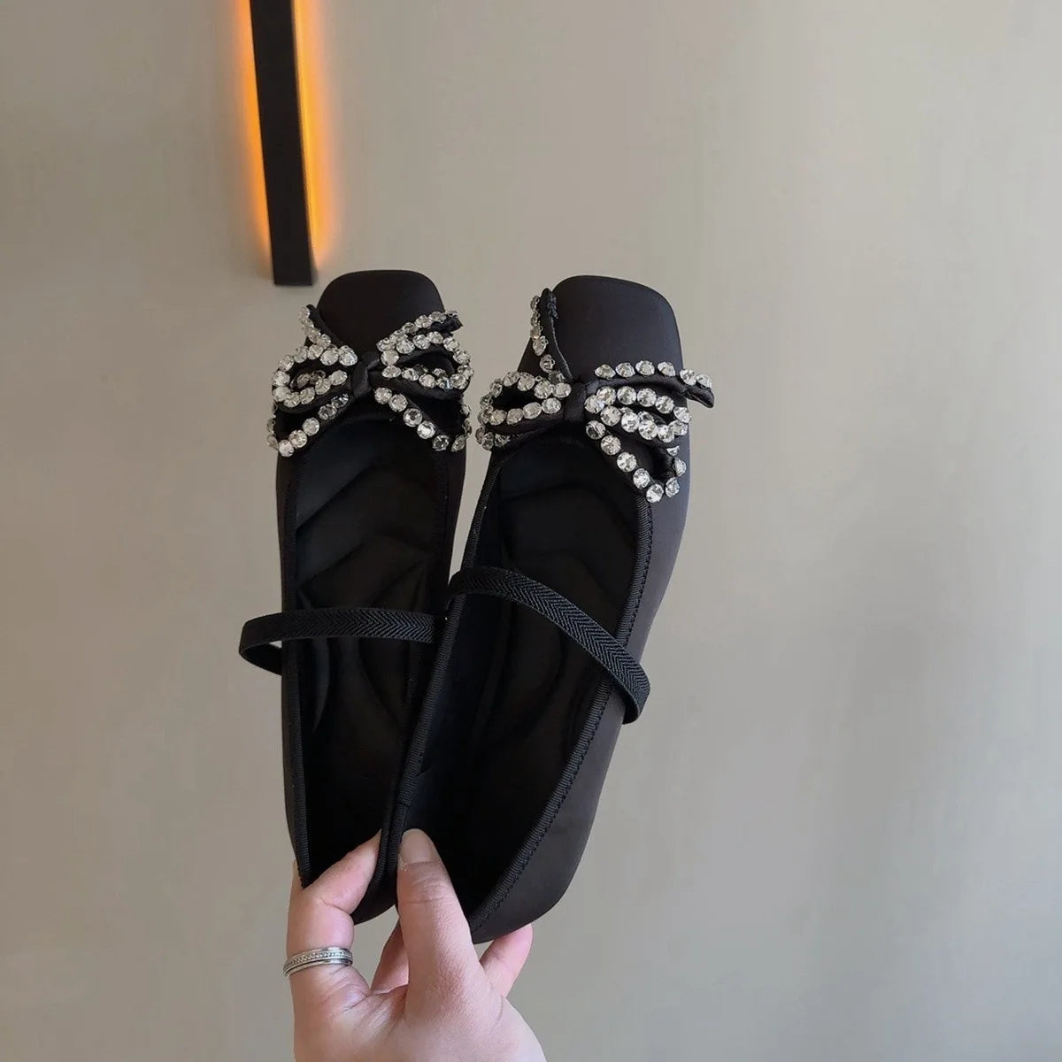 Cyflymder  French Rhinestone Bow Square Head Satin Single Shoes Women's 2025 New Versatile One-word Belt Ballet Shoes