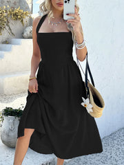 Cyflymder  Slimming Halter Backless Sleeveless Dress for Women Solid Color High Waist Casual Summer Vacation Beach Sundress