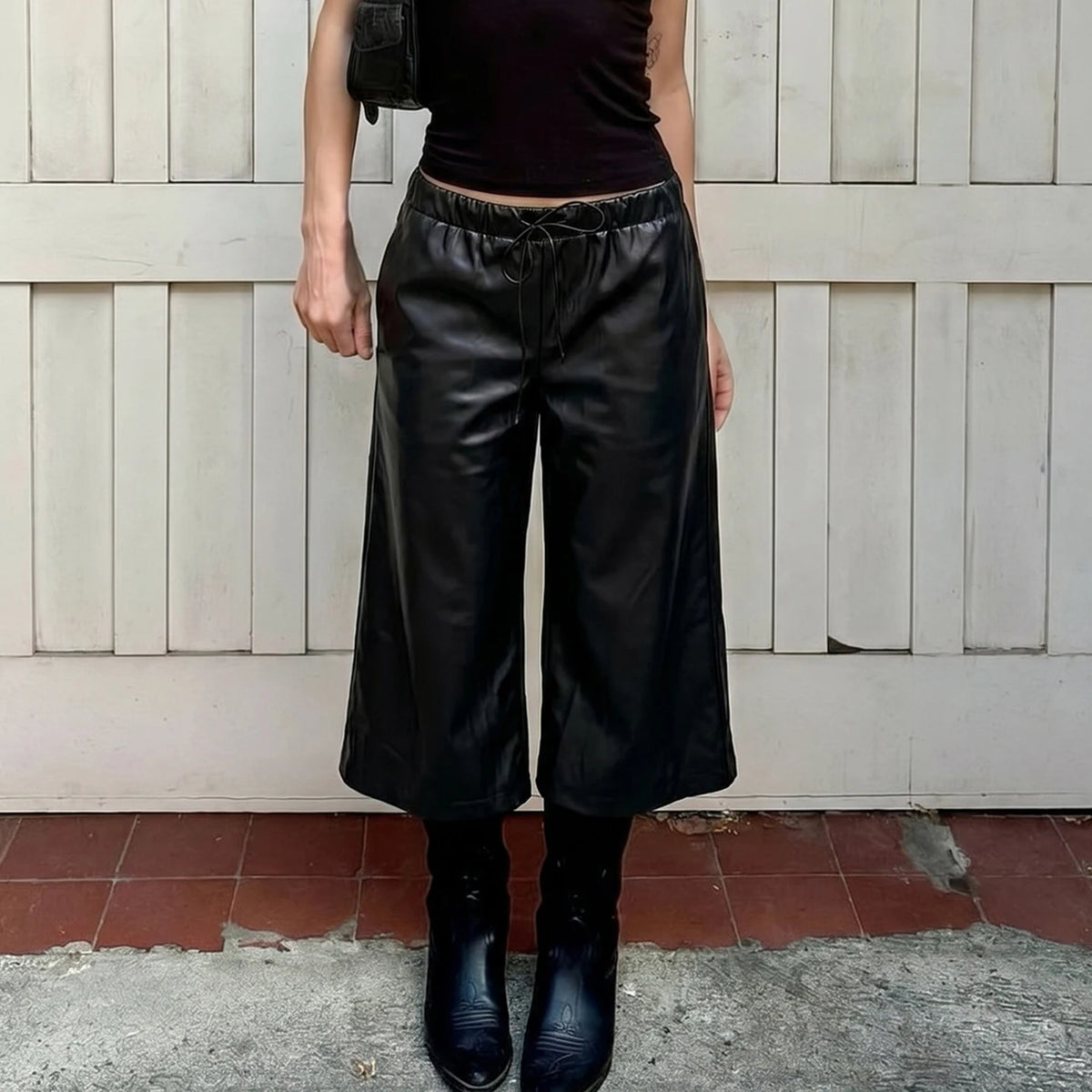 Cyflymder   Women's Black Faux Leather Wide Leg Culotte Pants Low Waisted With Drawstring Punk Loose Fit Autumn Winter Streetwear Style Chic