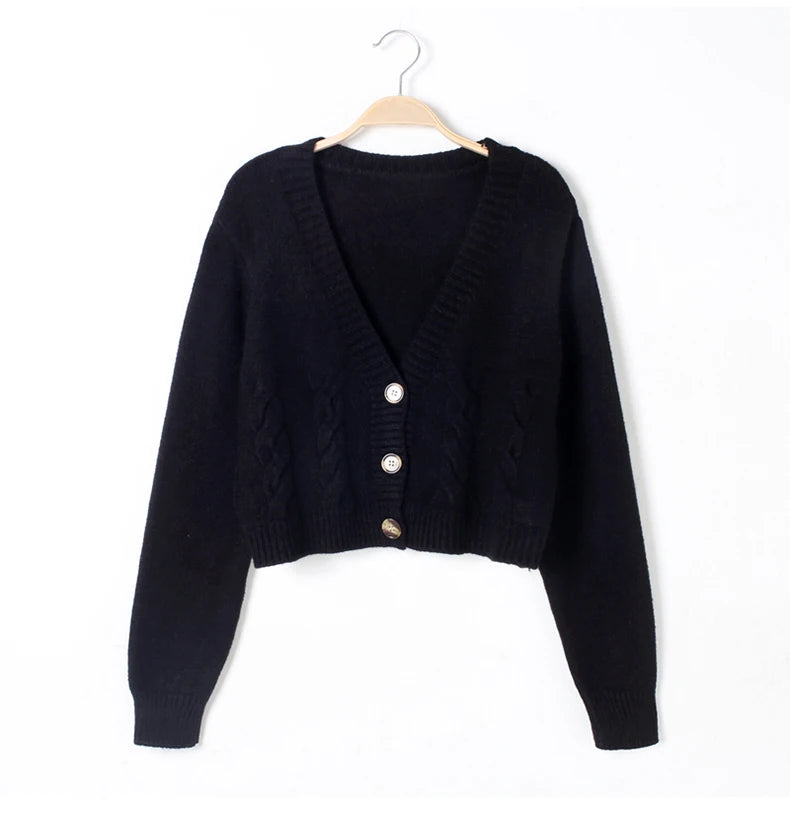 Cyflymder V Neck Cropped Cardigan Women Long Sleeve Twist Knitted Sweater Coats Autumn Winter Keep Warm Korean Fashion Jacket Cardigan