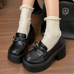 Cyflymder  Bowknot Decor Chunky High Heel Pumps Women Goth Patent Leather Platform Loafers Woman Fashion Thick Sole Jk Uniform Shoes